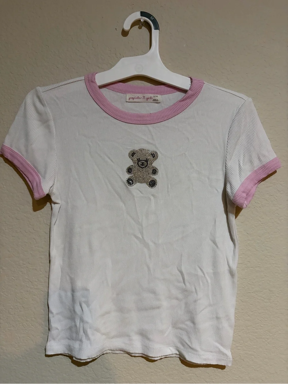 Popular 21 Girls L 14 Y2K Rhinestone Teddy Bear Baby Tee Pink Ringer Top